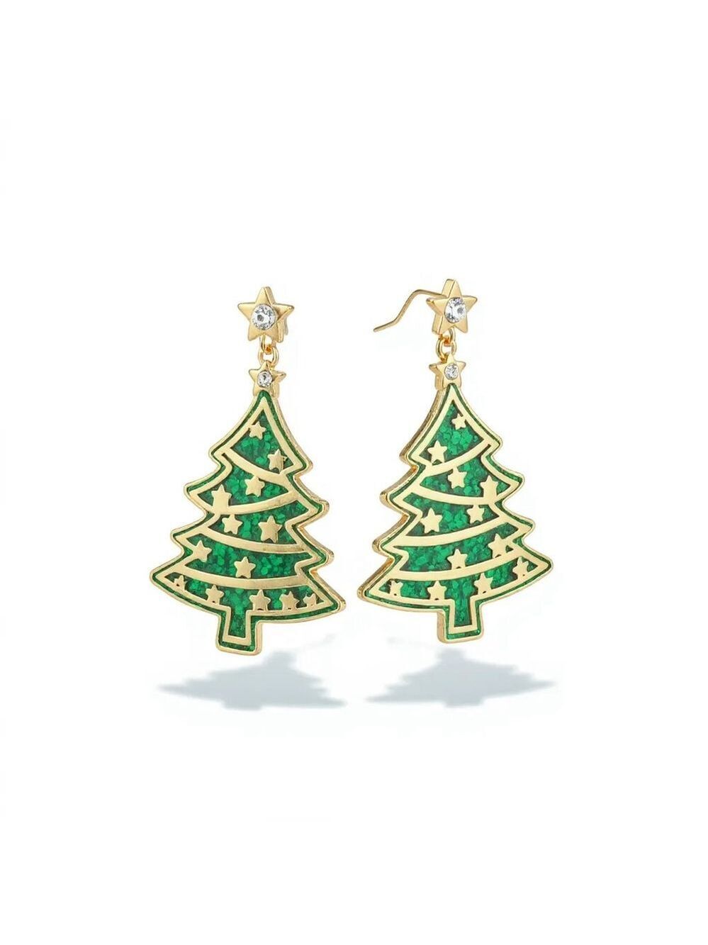 Green Gold Christmas Tree Dangle Earrings
